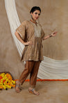 NOOR by ISHNYA - Sand brown Short Kaftan Set with Embroidered Pants