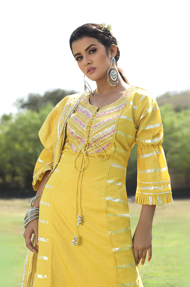 Summer Reverence - Yellow Three Piece Kurta Set with Intricate Embroidery Work