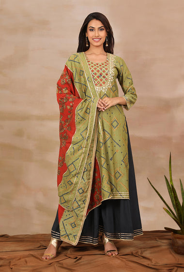SANJH- Rust And Green Pleated Palazzo Pant, Kurta, Dupatta Set