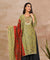 SANJH- Rust And Green Pleated Palazzo Pant, Kurta, Dupatta Set