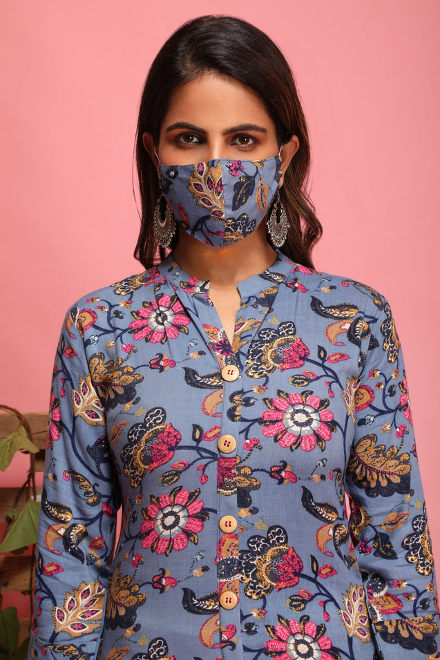Floral Frolic - Straight Printed Kurta with mask
