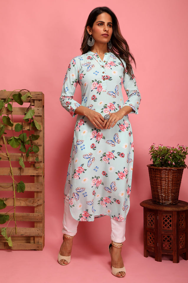 Light Turquoise - Straight Kurta with mask