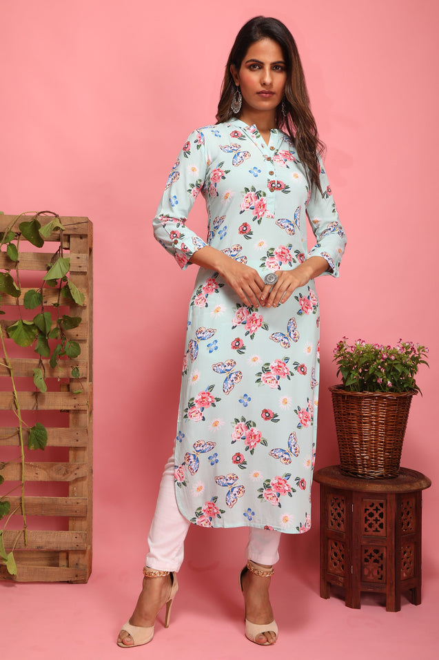 Light Turquoise - Straight Kurta with mask