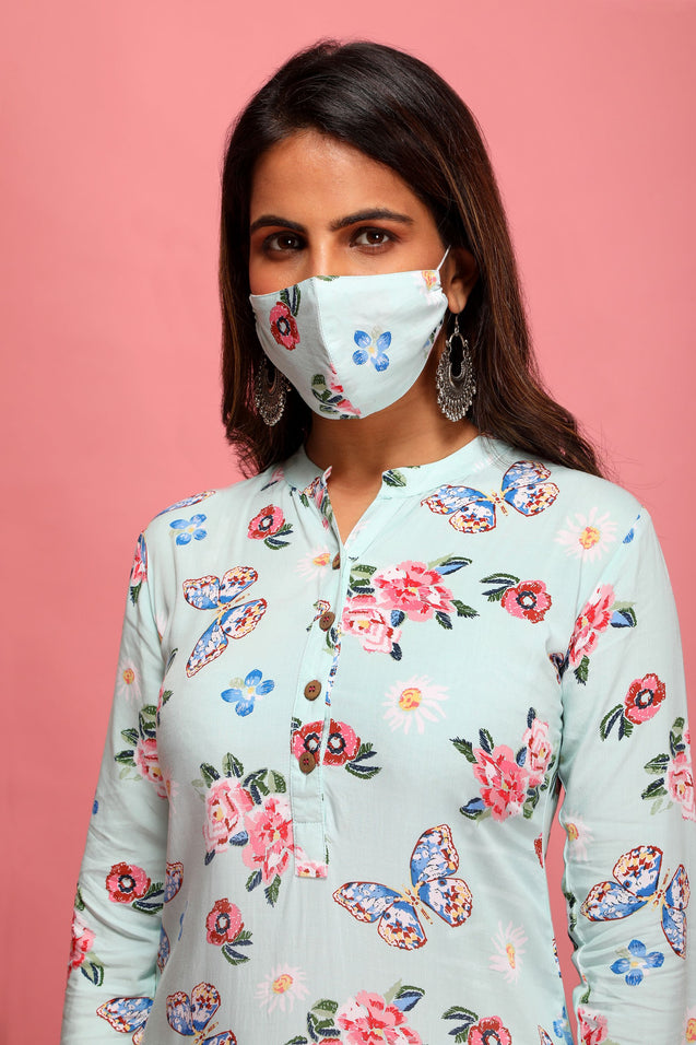 Light Turquoise - Straight Kurta with mask