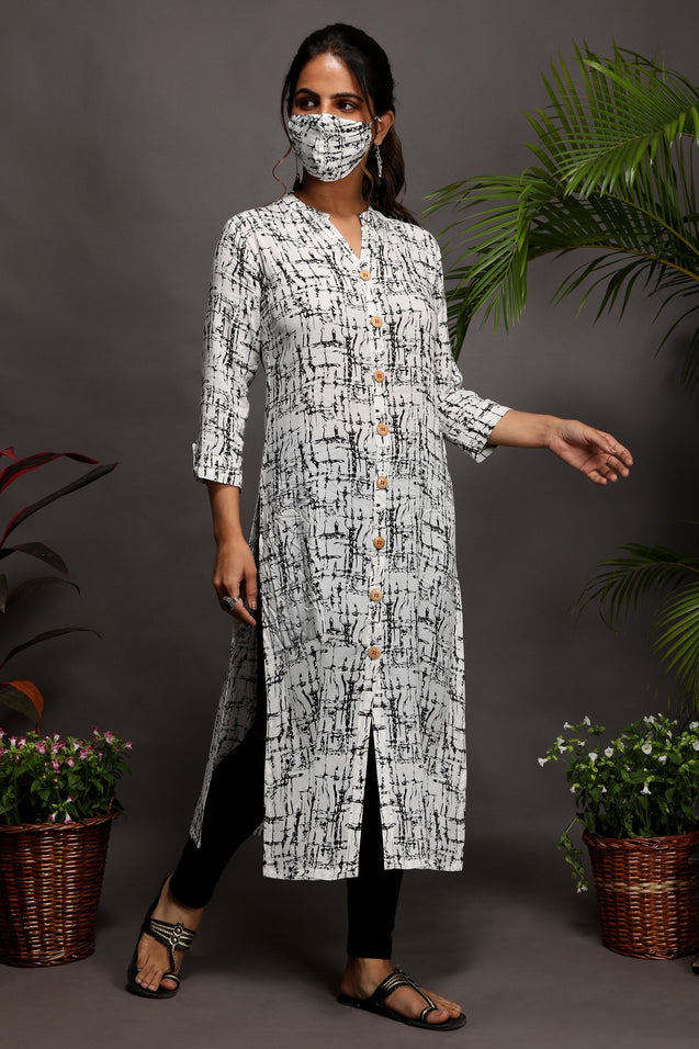 Tints And Shades - Printed Straight Kurta with mask