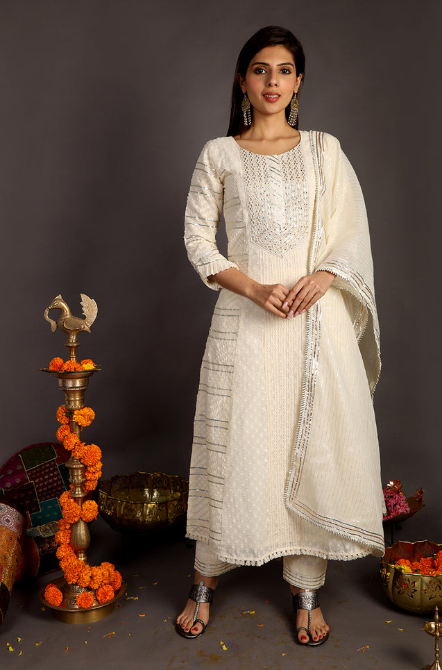 FESTIVE SPECIAL - OFF-WHITE 3 PIECE KURTA SET WITH STRAIGHT PANTS
