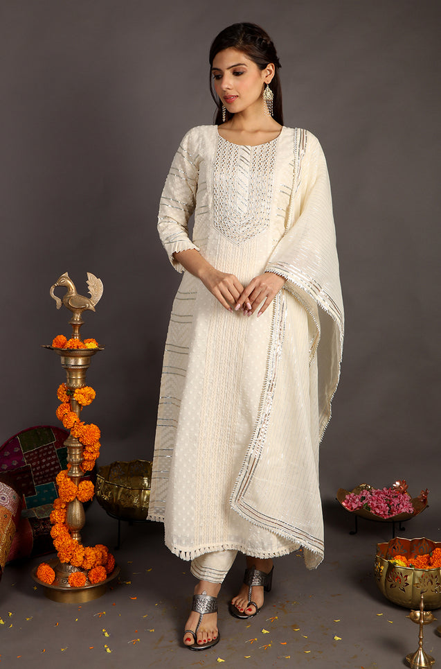 FESTIVE SPECIAL - OFF-WHITE 3 PIECE KURTA SET WITH STRAIGHT PANTS