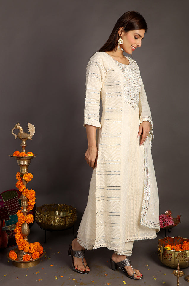 FESTIVE SPECIAL - OFF-WHITE 3 PIECE KURTA SET WITH STRAIGHT PANTS