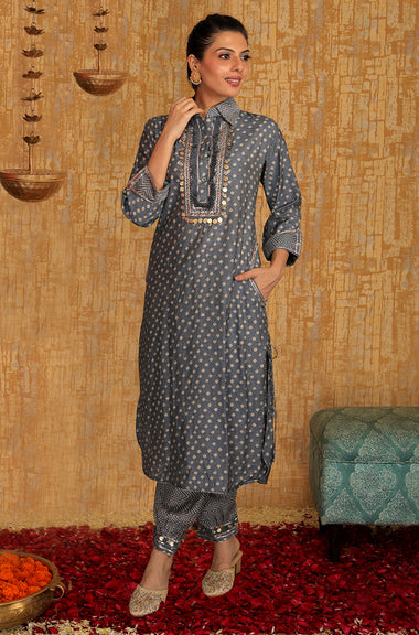 DESI SWAG - Grey Bandhani Printed Pathani Set