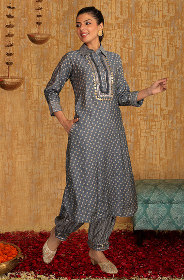DESI SWAG - Grey Bandhani Printed Pathani Set