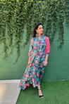 Blue Floral Printed Kali Gown With Stole