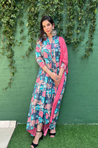 Blue Floral Printed Kali Gown With Stole