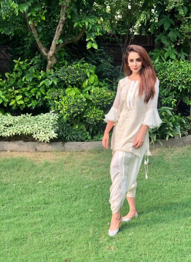 Kudi with a Swag!! - Lucknowi Kurta with Tulip Pants - Ivory