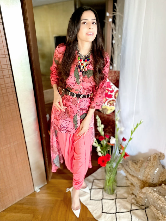 Must(ard) Try! - Floral Print Kurta with Tulip Pants - Pink